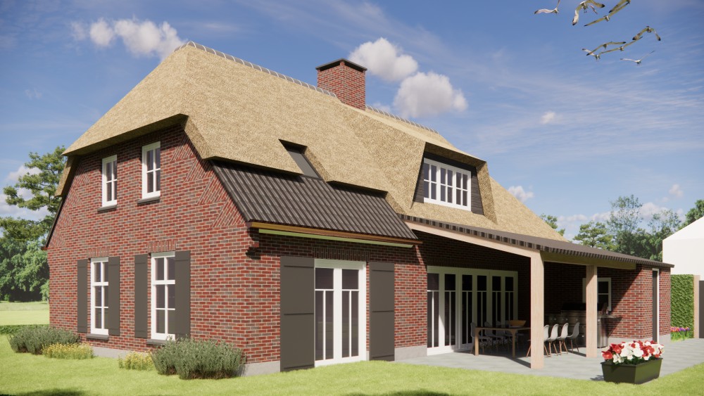 3D Render van landelijke boerderijwoning met rieten dak en metselwerkgevels 5