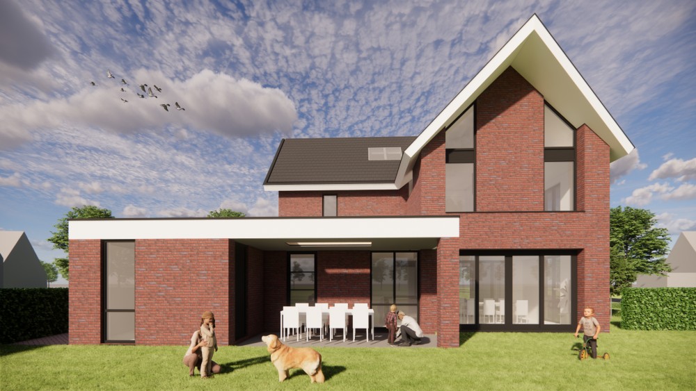 Afbeelding van Strakke baksteenarchitectuur met zadeldak en schuine dak overstek - c07a714d-070b-4ec2-8bd1-0808acb6ce37