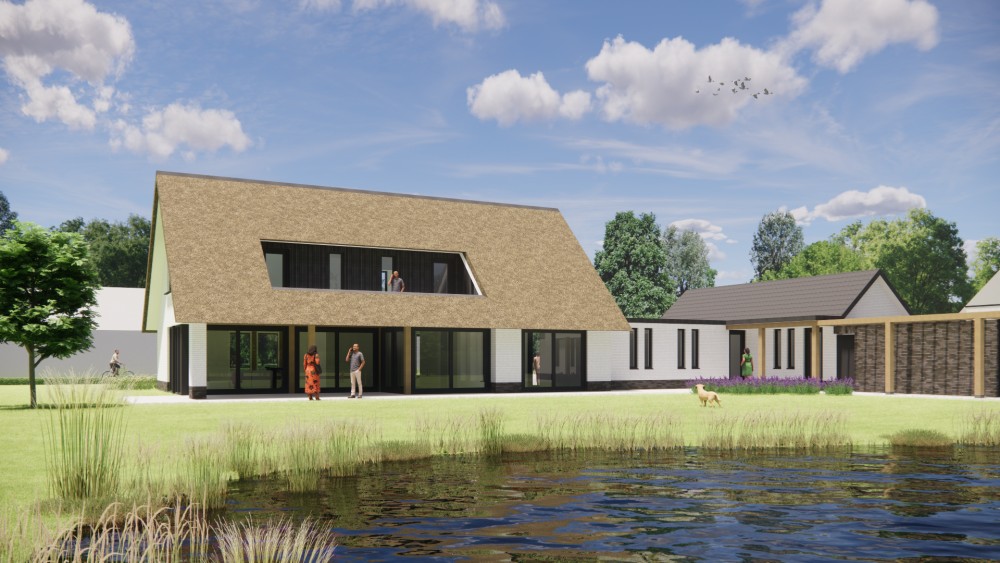 3D Render van moderne L-vormige woning met rieten zadeldak en gekeimde gevels 4