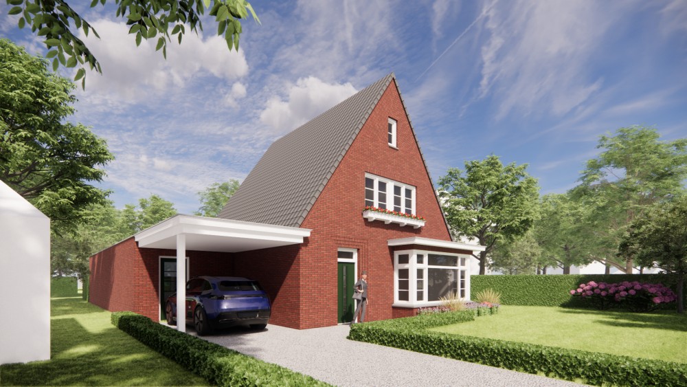 Afbeelding van Vrijstaande woning in jaren 30 stijl met metselwerk gevels en zadeldak met gegolfde dakpannen - 159898f0-407b-45c1-87cf-aea4d3c12a6e