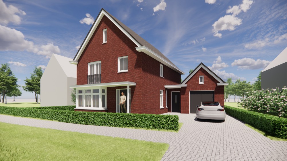 3D Render van jaren 30 woning met erker, betimmerde goot en gegolfde dakpannen 2