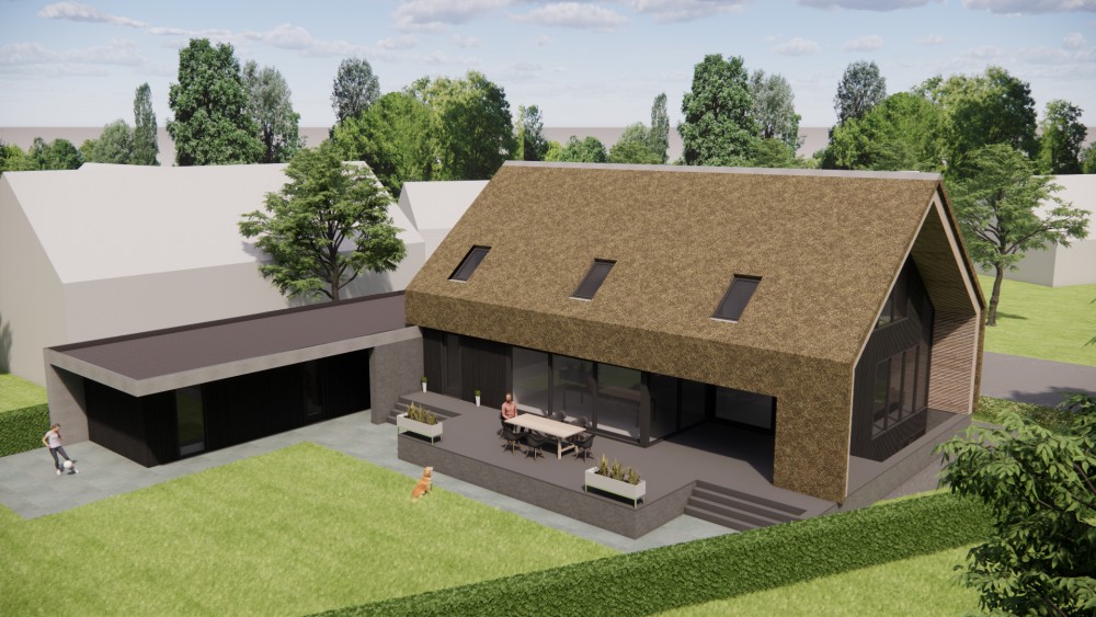 3D Render van moderne schuurwoning met rieten zadeldak en houten gevels 10