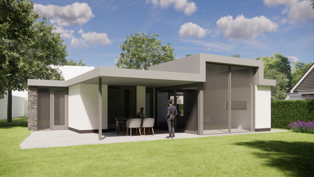 Afbeelding van Vrijstaande kubistische woning met pleisterwerk en plat dak - 211ac43e-91e6-436f-b9e8-45831208c14d