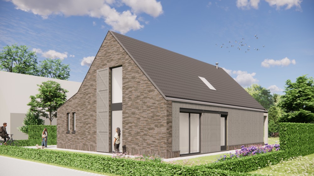 3D Render van schuurwoning met vlakke dakpannen, houten luiken en metselwerkgevels 4