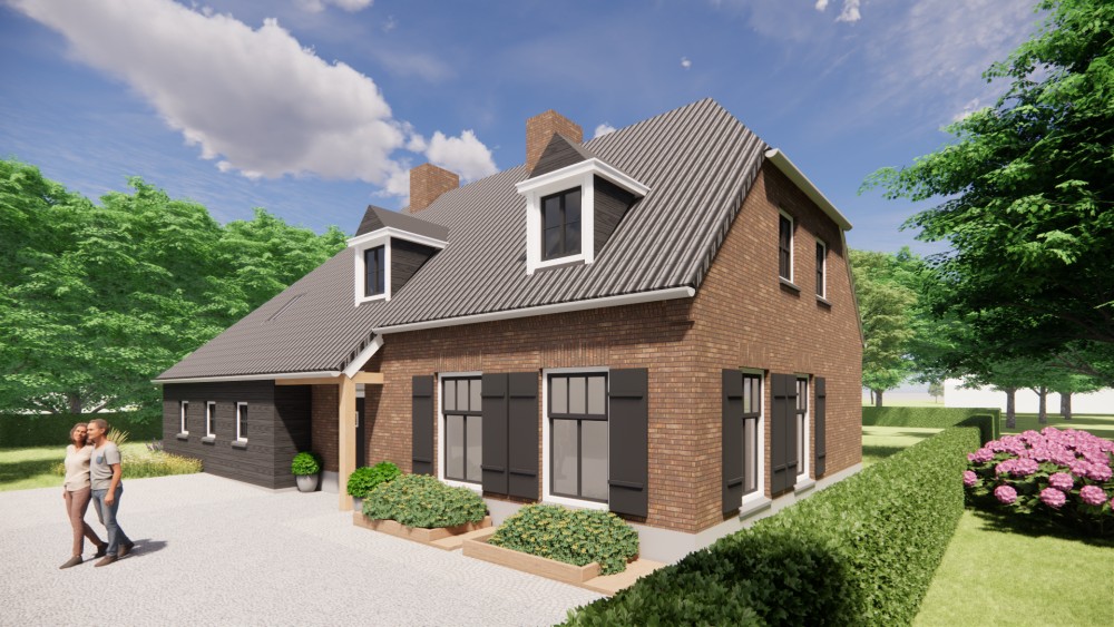 Afbeelding van Landelijke boerderijwoning in metselwerk met wolfsdak met gegolfde dakpannen en houten accenten - 4ef5b783-21fe-468d-bfd1-398cb510267c