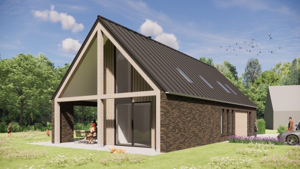 3D Render van schuurwoning met houten gevels, metalen zadeldak en overdekt terras 4
