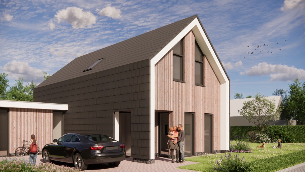 Afbeelding van Eigentijdse schuurwoning met zadeldak bruine houten gevel en vlakke dakpannen - 3af70f0b-78f3-4b19-91d0-a757810179c1