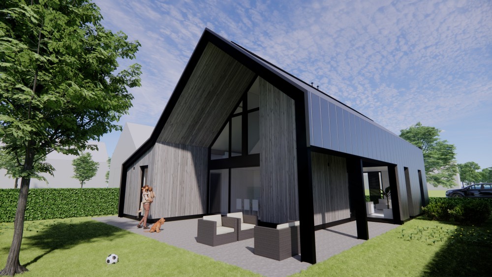 Afbeelding van Donker metalen zadeldak met houten gevels en overdekt terras - 361ed87a-41ad-4e20-a429-a7bad11a08ec