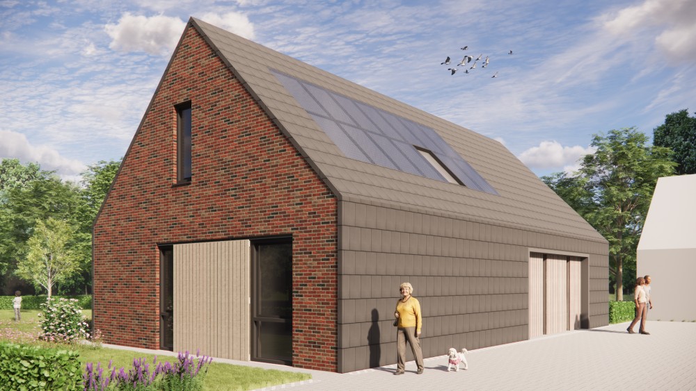 Afbeelding van Schuurwoning met zadeldak, donkere gevelsteen en houten accenten - ed62faf8-ebb9-48ba-a465-22a7e63b40f6