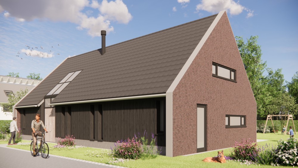 Afbeelding van Moderne woning met zadeldak, metselwerk en doorlopende kozijnen - d6cf78ff-81a3-4cb5-aa7c-3de8e3a7e72c