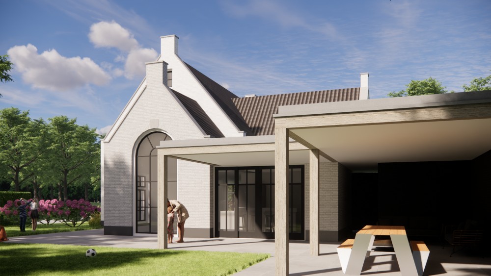 Afbeelding van Jaren 30 woning met wit gekeimd metselwerk schoorsteen en zadeldak met gegolfde dakpannen - 13311366-b03a-4bd5-b702-d180109f73ae