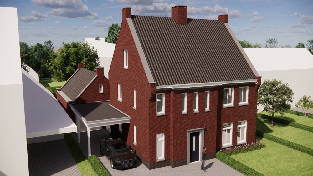 3D Render van vrijstaande jaren 30 woning met metselwerk en zadeldak met gegolfde dakpannen 6