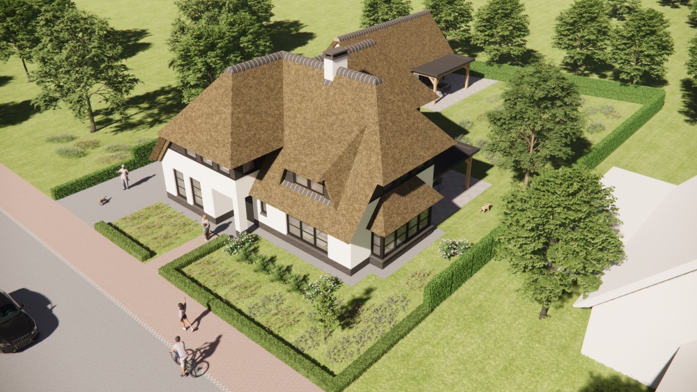 3D Render van landelijke villa met rieten wolfsdak en witgepleisterde gevels 9