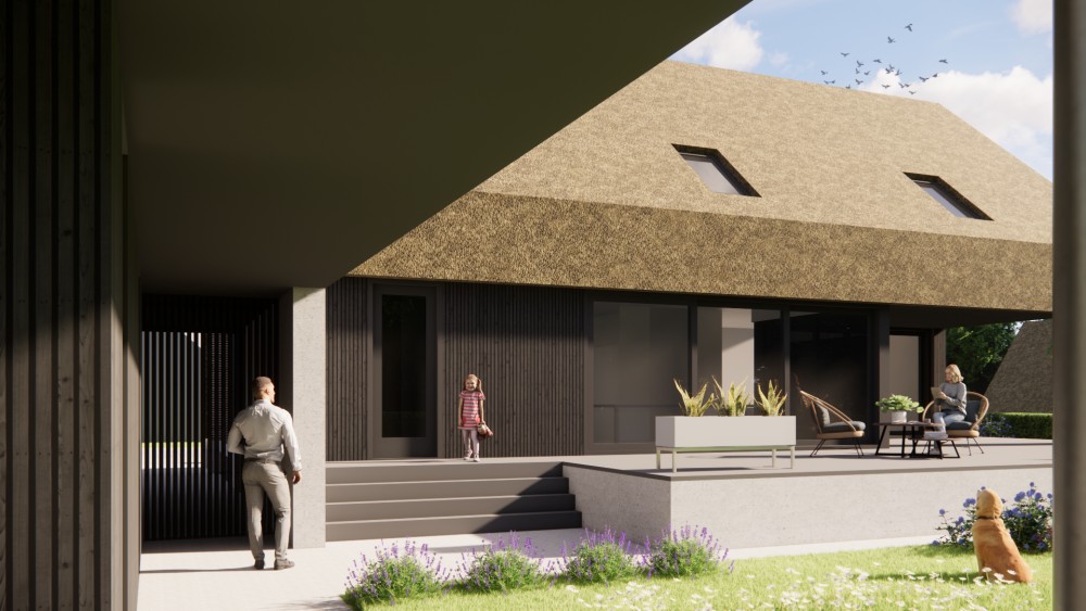 Afbeelding van Moderne schuurwoning met rieten zadeldak en houten gevels - e3d9682a-ffd3-47d6-8717-ac548a74fbd5