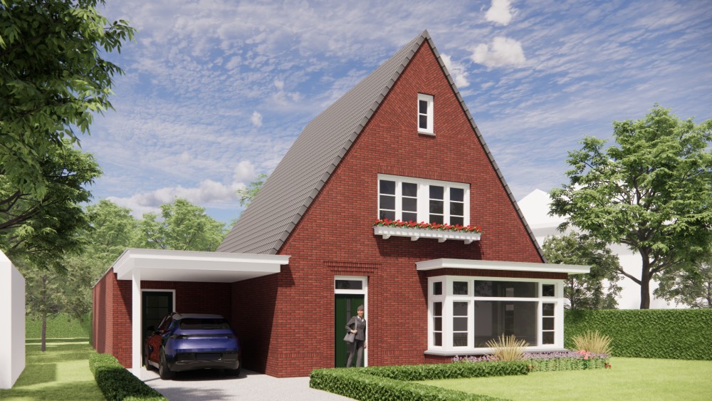 3D Render van vrijstaande woning in jaren 30 stijl met metselwerk gevels en zadeldak met gegolfde dakpannen 7