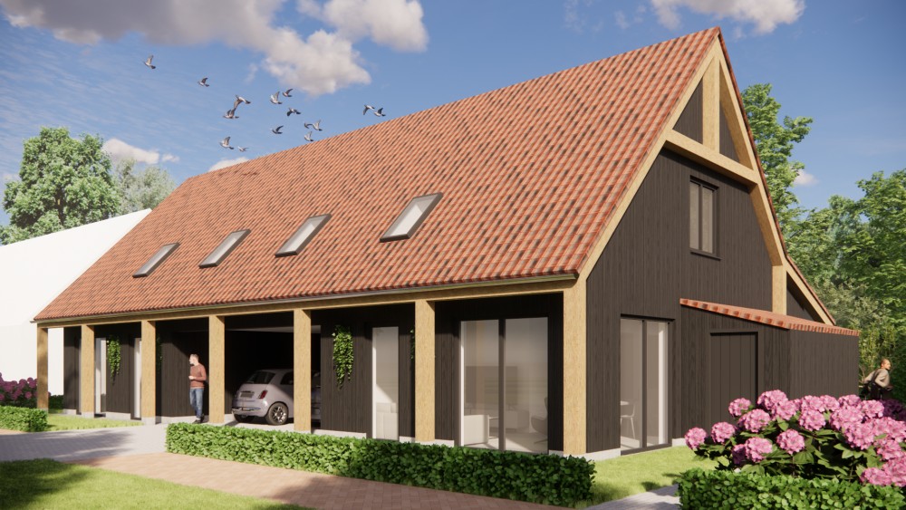 Afbeelding van Moderne schuurwoning met hout, gegolfde dakpannen en houten balken buiten - e677feed-e622-4062-bfdf-191ccbab3633