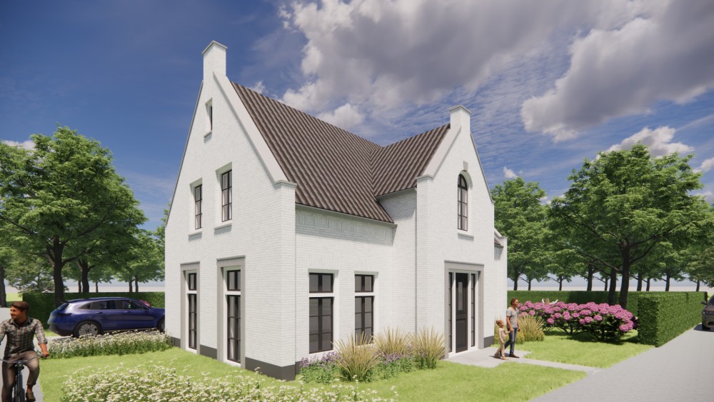 Afbeelding van Jaren 30 woning met wit gekeimd metselwerk schoorsteen en zadeldak met gegolfde dakpannen - 13311366-b03a-4bd5-b702-d180109f73ae
