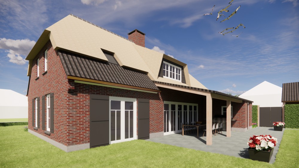 Afbeelding van Landelijke boerderijwoning met rieten dak en metselwerkgevels - 6b5f9ca3-f723-428b-a5f2-e20df475d411