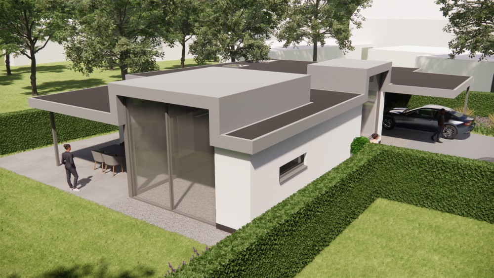 3D Render van vrijstaande kubistische woning met pleisterwerk en plat dak 10