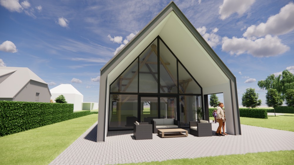 3D Render van moderne schuurwoning met metalen en metselwerk gevel 4