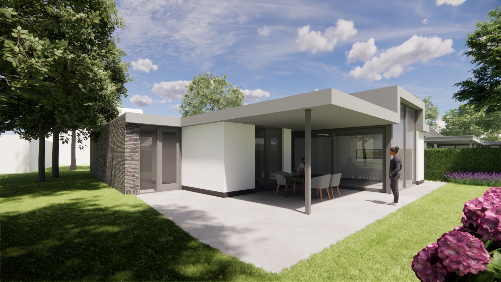 3D Render van vrijstaande kubistische woning met pleisterwerk en plat dak 4