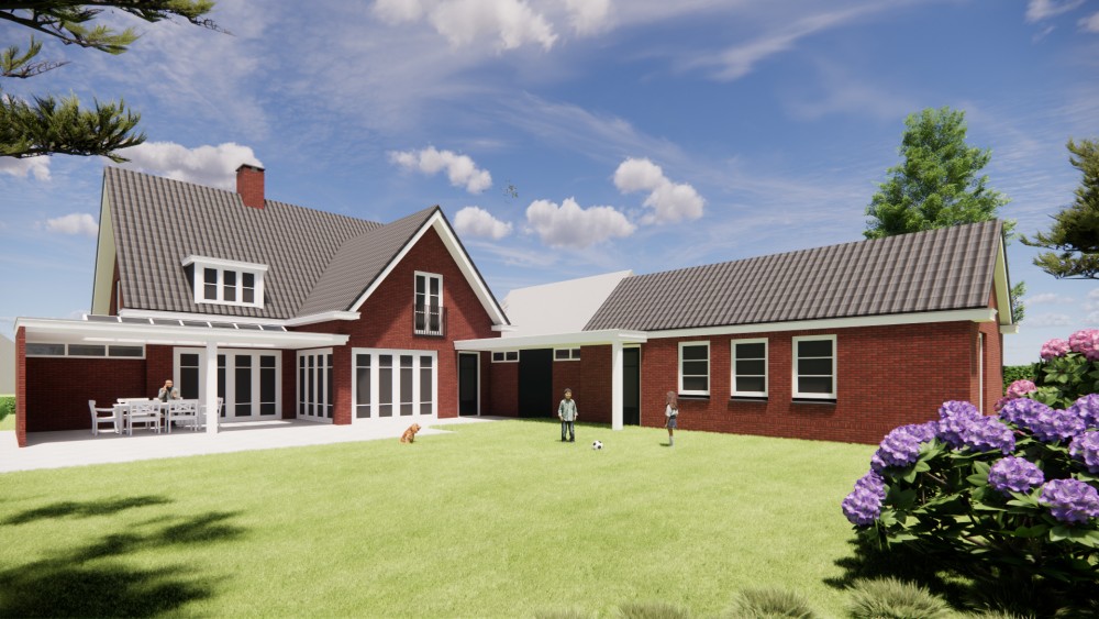 3D Render van traditionele notariswoning met metselwerkgevel, dakkapel en risaliet 2