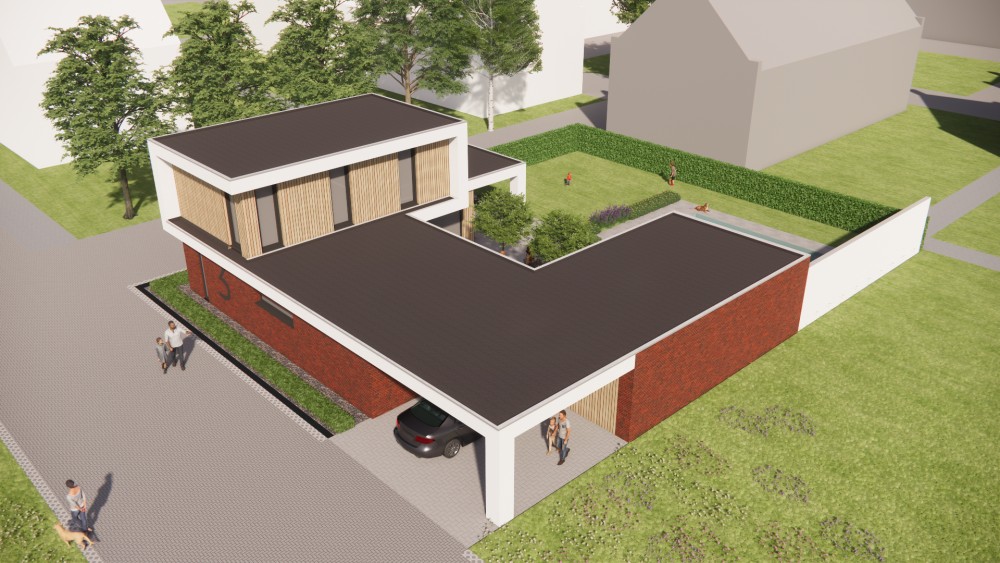 3D Render van kubistische woning met wit pleisterwerk, houtaccenten en strak vormgegeven buitenruimte 8