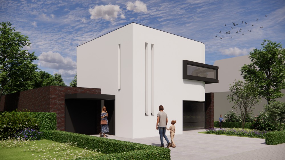 Afbeelding van Kubuswoning met wit pleisterwerk en afgeronde hoekpartij - 309eee28-1061-47d2-adab-24ae67d0e795