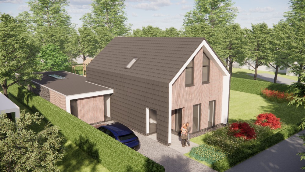 Afbeelding van Eigentijdse schuurwoning met zadeldak bruine houten gevel en vlakke dakpannen - 3af70f0b-78f3-4b19-91d0-a757810179c1