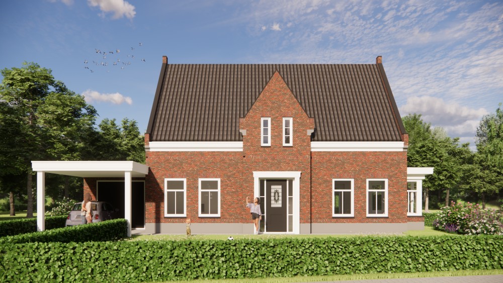 3D Render van traditionele notariswoning met metselwerkgevel, zadeldak en verfijnde details 6