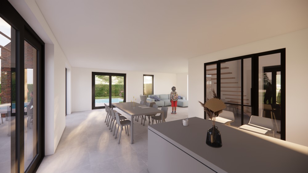3D Render van vrijstaande moderne woning in rood metselwerk met zadeldak van vlakke dakpannen en houten accenten 10