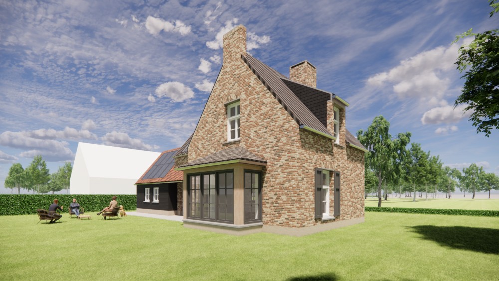 Afbeelding van Kempisch woonhuis met metselwerk gevel en zwarte aanbouw met rode dakpannen - 6c97d45f-f7f4-4ea5-a085-704e0d99673a