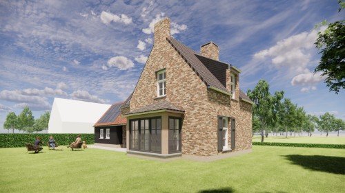 Afbeelding van Kempisch woonhuis met metselwerk gevel en zwarte aanbouw met rode dakpannen - 6c97d45f-f7f4-4ea5-a085-704e0d99673a