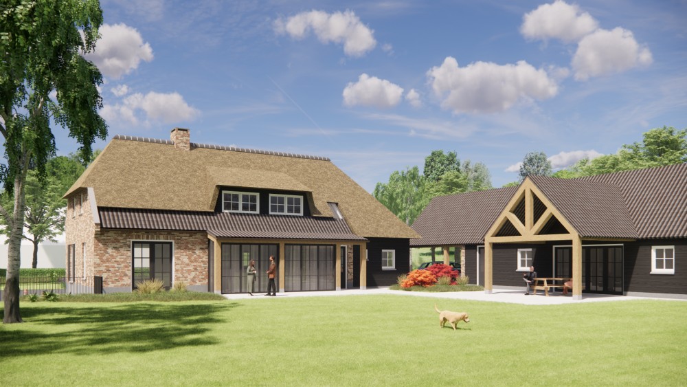 3D Render van landelijke boerderijwoning met rieten wolfsdak en metselwerk met houten accenten 4