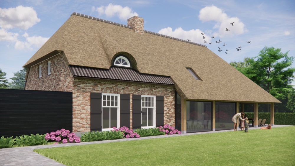 3D Render van vrijstaande boerderij met beige metselwerk, dakkapel en luiken 6