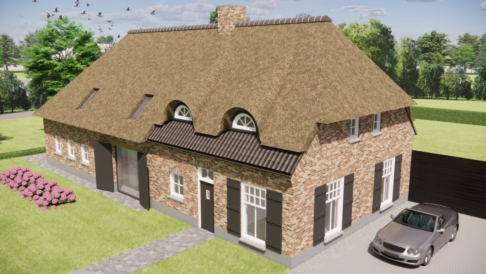 3D Render van vrijstaande boerderij met beige metselwerk, dakkapel en luiken 5