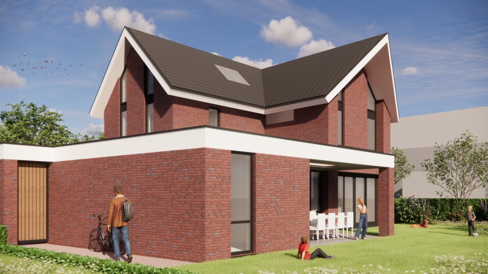 3D Render van strakke baksteenarchitectuur met zadeldak en schuine dak overstek 4