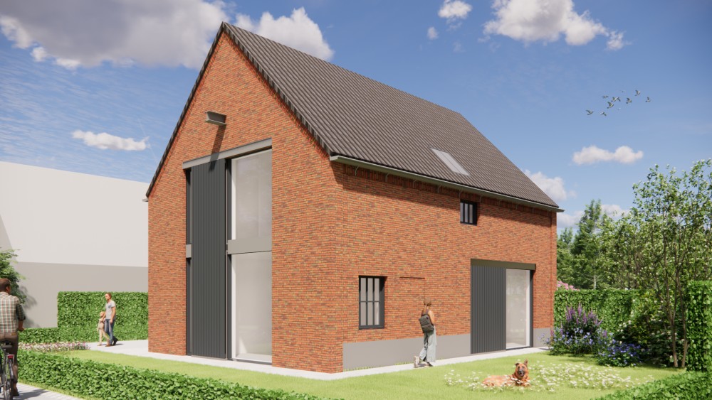 3D Render van industriele schuurwoning met metselwerk gevel en grote raampartijen 4