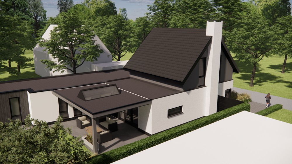 3D Render van vrijstaande moderne woning met wit gekeimd metselwerk, zadeldak met vlakke dakpan en houtaccenten 9