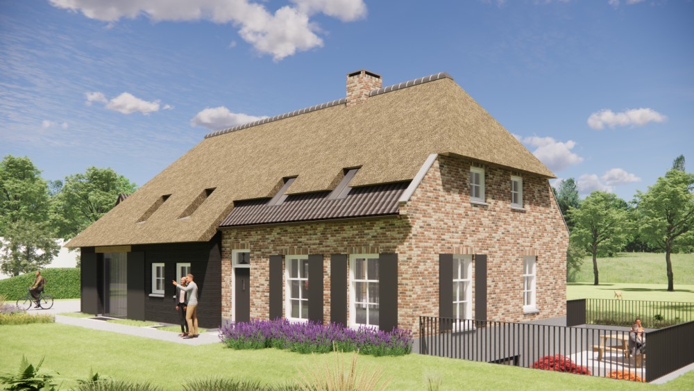 Afbeelding van Landelijke boerderijwoning met rieten wolfsdak en metselwerk met houten accenten - 6635d8b0-74b1-40bd-83d8-d9b409c96c73