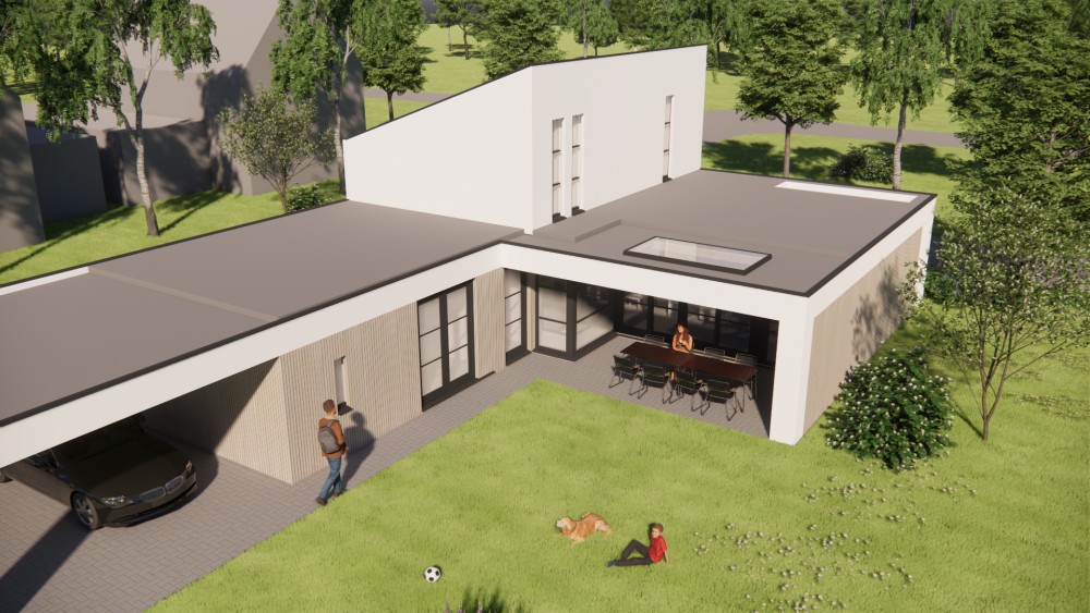 3D Render van moderne woning met houten gevels, wit pleisterwerk en lessenaarsdak 7