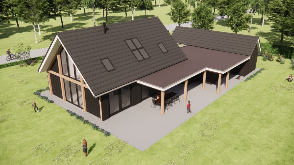 3D Render van eigentijdse schuurwoning met houten gevel en royale dakoverstek 7
