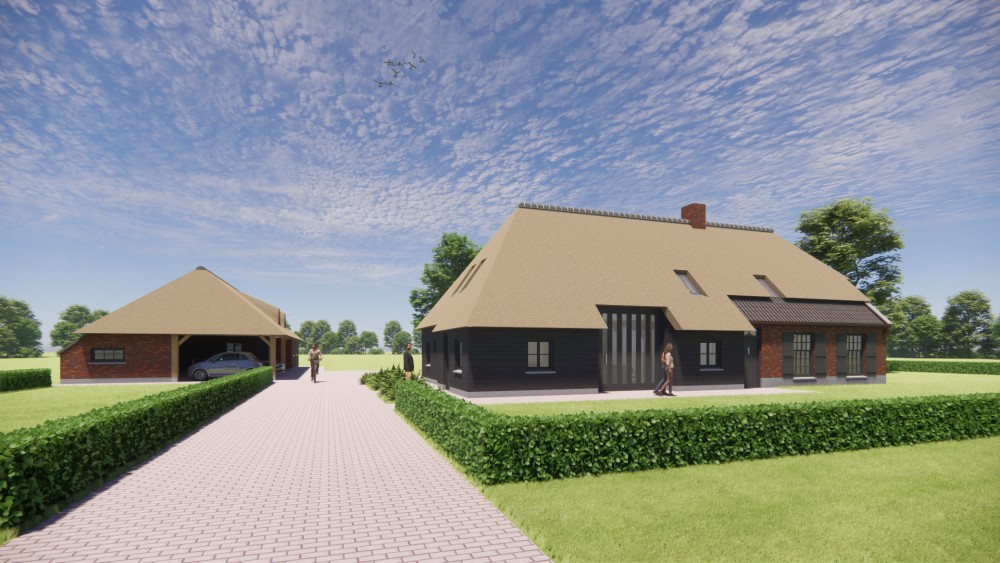 Afbeelding van Boerderijwoning met rieten wolfsdak, houten accenten en metselwerkgevels - 49f07a96-320e-475b-9837-a6ef0179613a