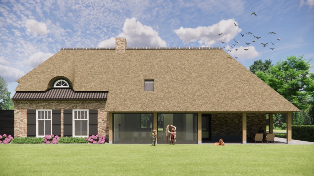 3D Render van vrijstaande boerderij met beige metselwerk, dakkapel en luiken 10
