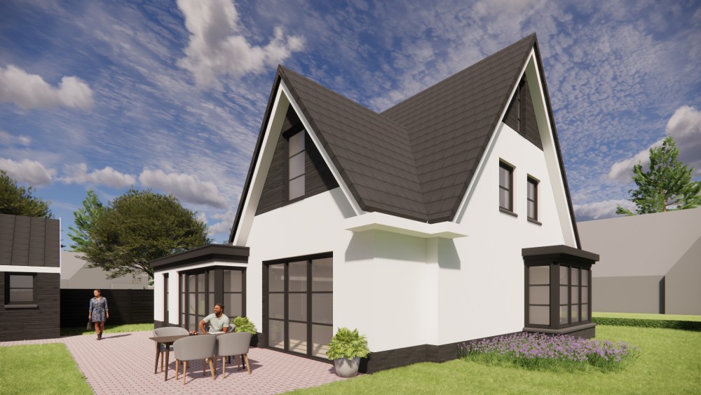 3D Render van eigentijdse vrijstaande woning met wit gekeimd metselwerk en zadeldak met gegolfde dakpannen 4