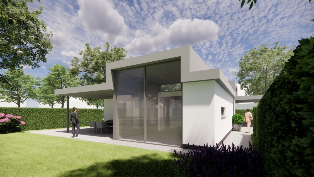 3D Render van vrijstaande kubistische woning met pleisterwerk en plat dak 6
