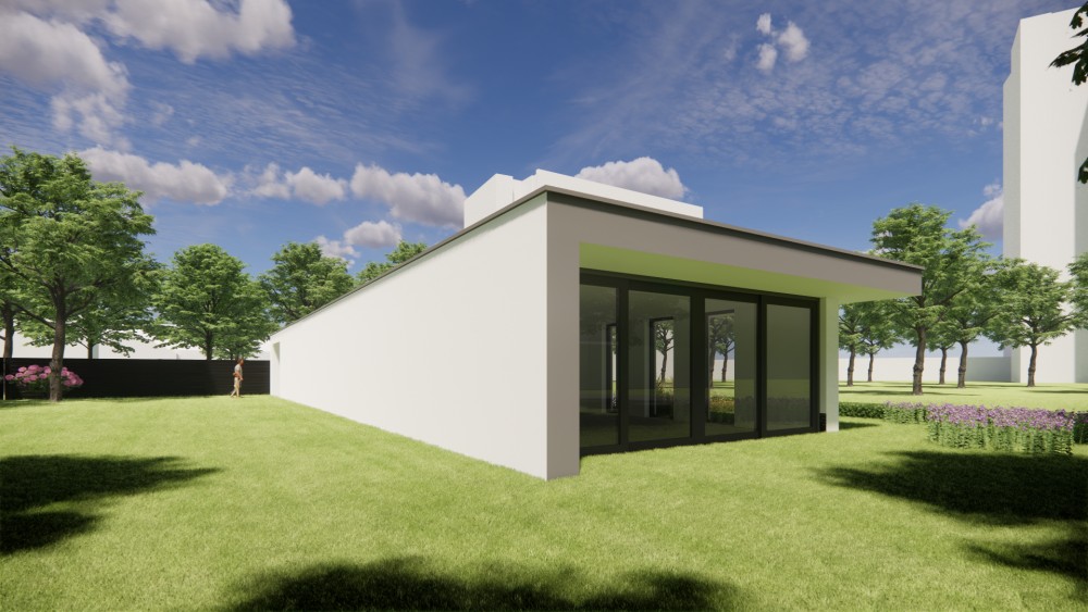 3D Render van modern vrijstaand woonhuis met plat dak en pleisterwerk 5