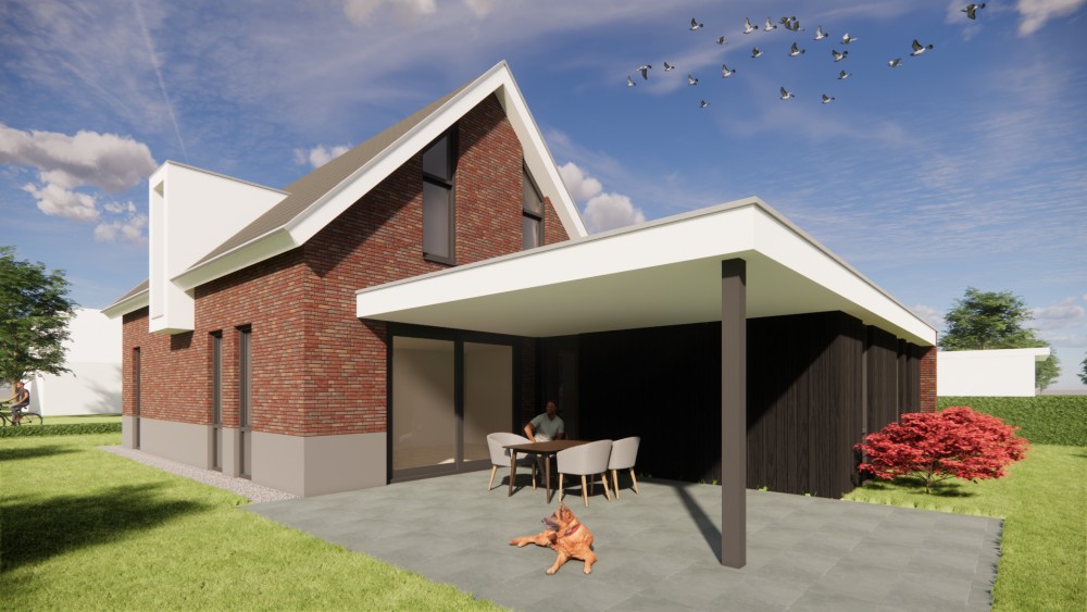 3D Render van vrijstaande moderne woning met rood metselwerk en zadeldak met gegolfde dakpannen 6