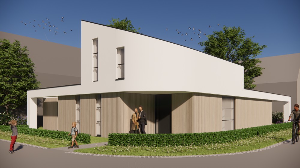 Afbeelding van Moderne woning met houten gevels, wit pleisterwerk en lessenaarsdak - 55750e6d-a5e5-4c7d-be42-ecd5c7ea9daf