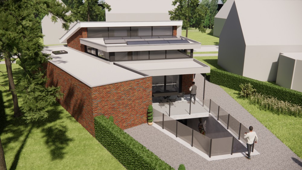 3D Render van moderne vrijstaande woning in metselwerk met lessenaarsdak met vlakke dakpannen en verholen dakgoot 10